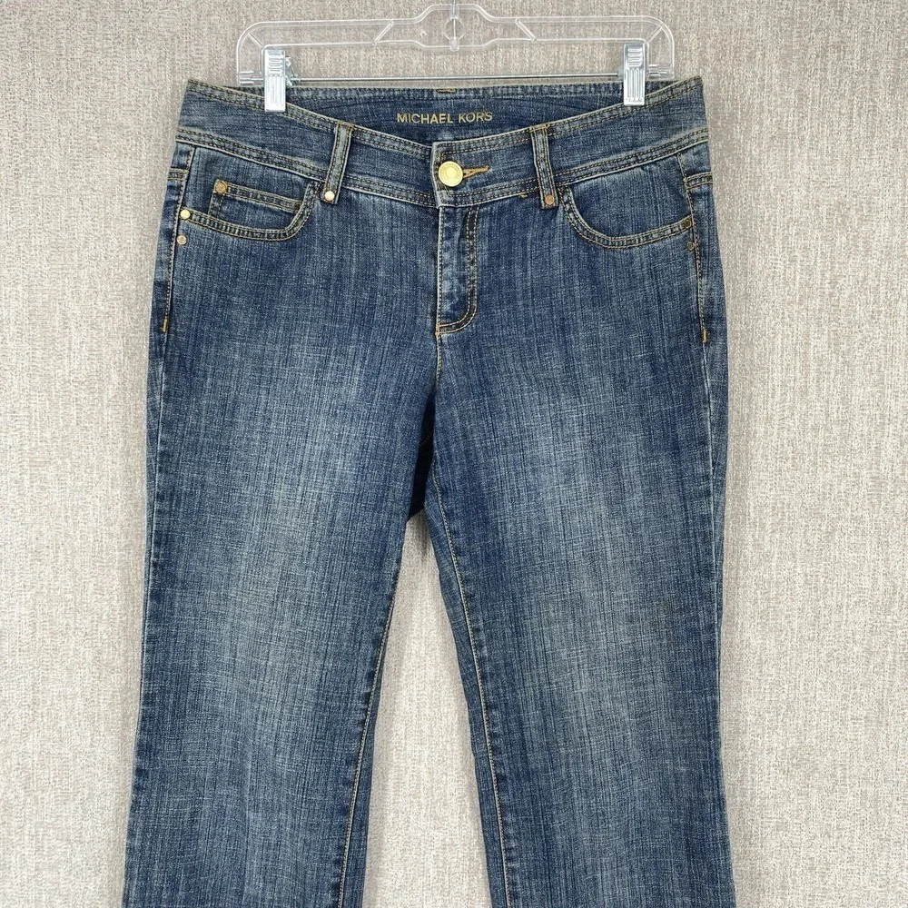 Michael Kors Studded Zipper Pocket Straight Leg Jeans 8 Blue Denim Gold Hardware